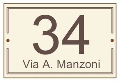 Numero civico in laminato stratificato dim. cm. 11x16,  completo di cornice perimetrale, numeri incisi e nome strada